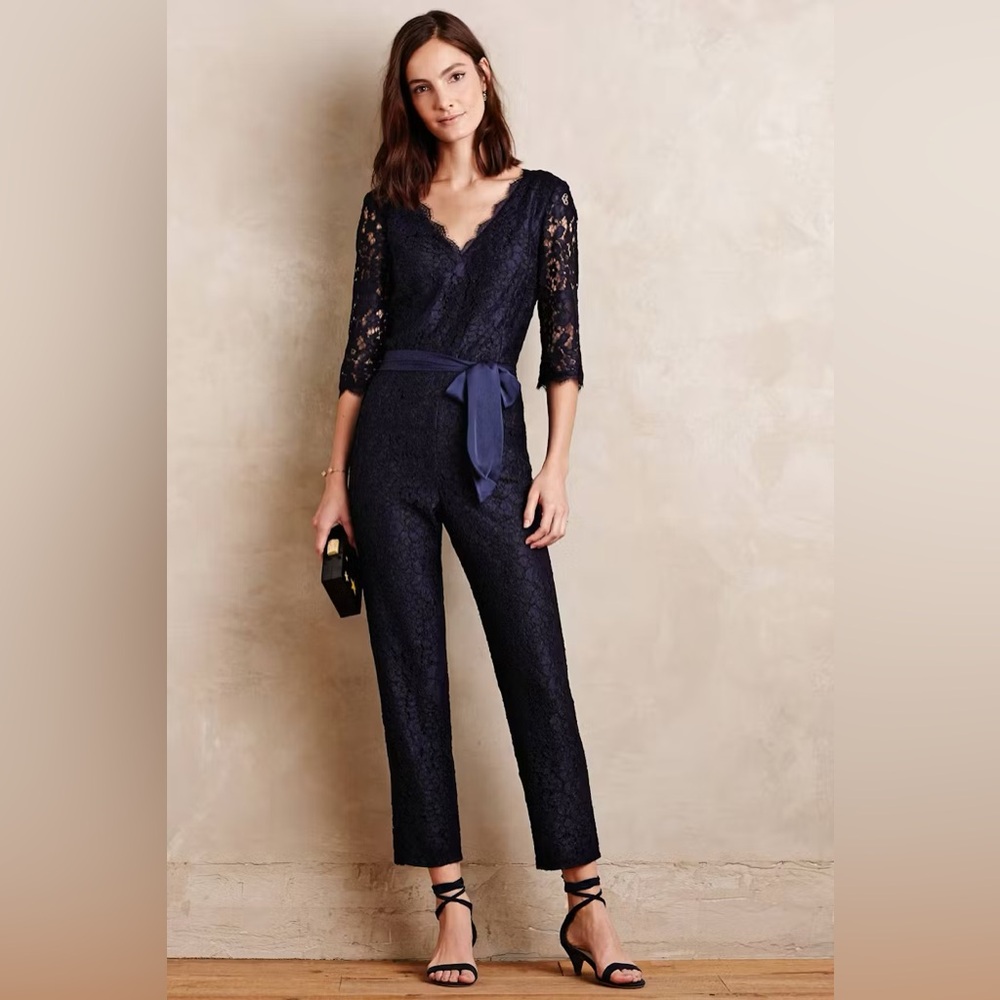 Anthropology Elevenses Navy Lace Jumpsuit